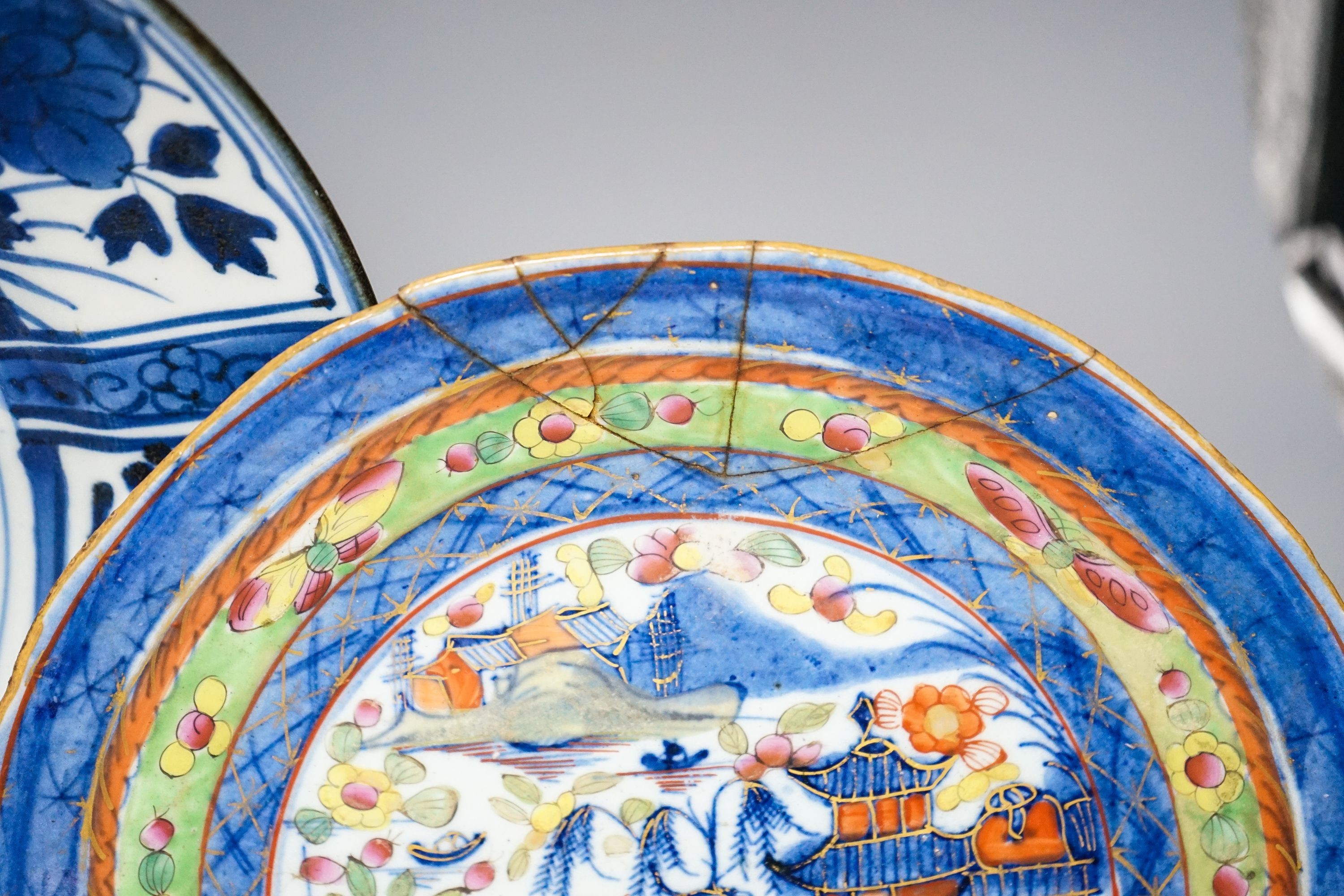 A Japanese blue and white dish, a Chinese blue and white meiping and a clobbered plate 33cm